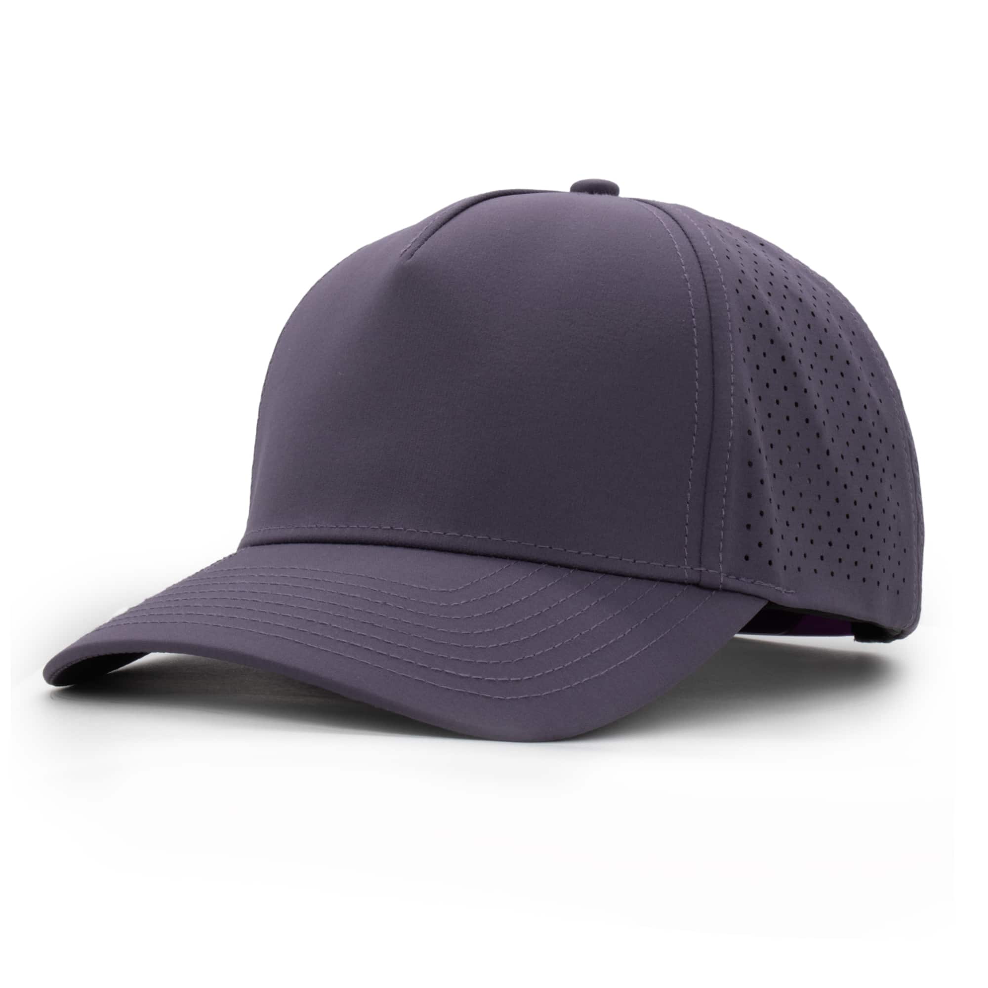 three-quarter view of a 5 panel, water resistant, floatable hat that is dark pruple in color.