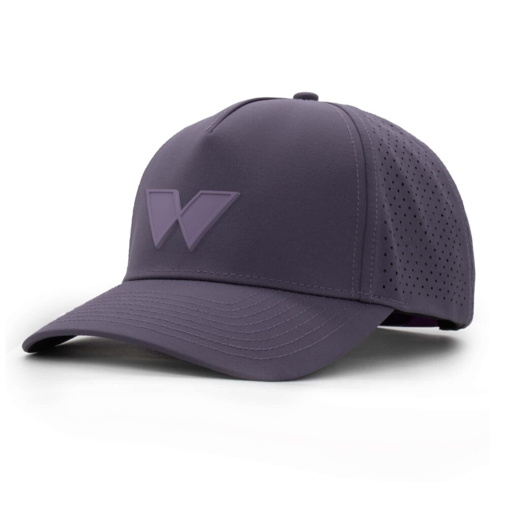 three-quarter view of a 5 panel, water resistant, floatable hat with a PVC patch. the patch is of the letter W from the brand name Wyldr. the hat is dark purple. the patch matches the hat color.
