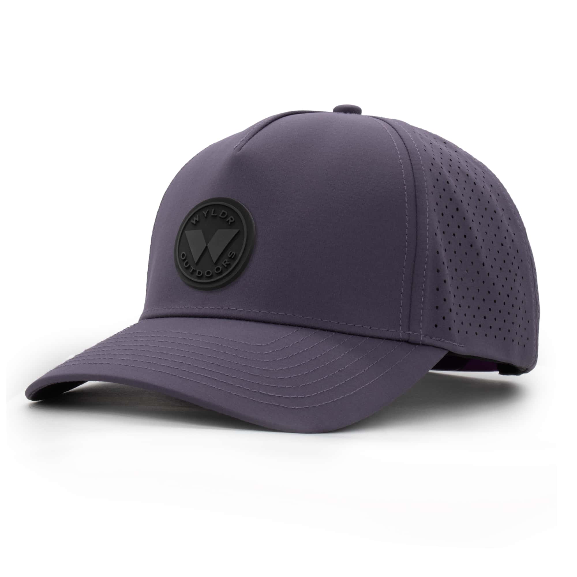 (RH) Ridge Hat | Amethyst - Medallion three-quarter view of a 5 panel, water resistant, floatable hat with a PVC patch. the patch is a round medallion featuring the letter W and the text Wyldr Outdoors. the hat is dark purple