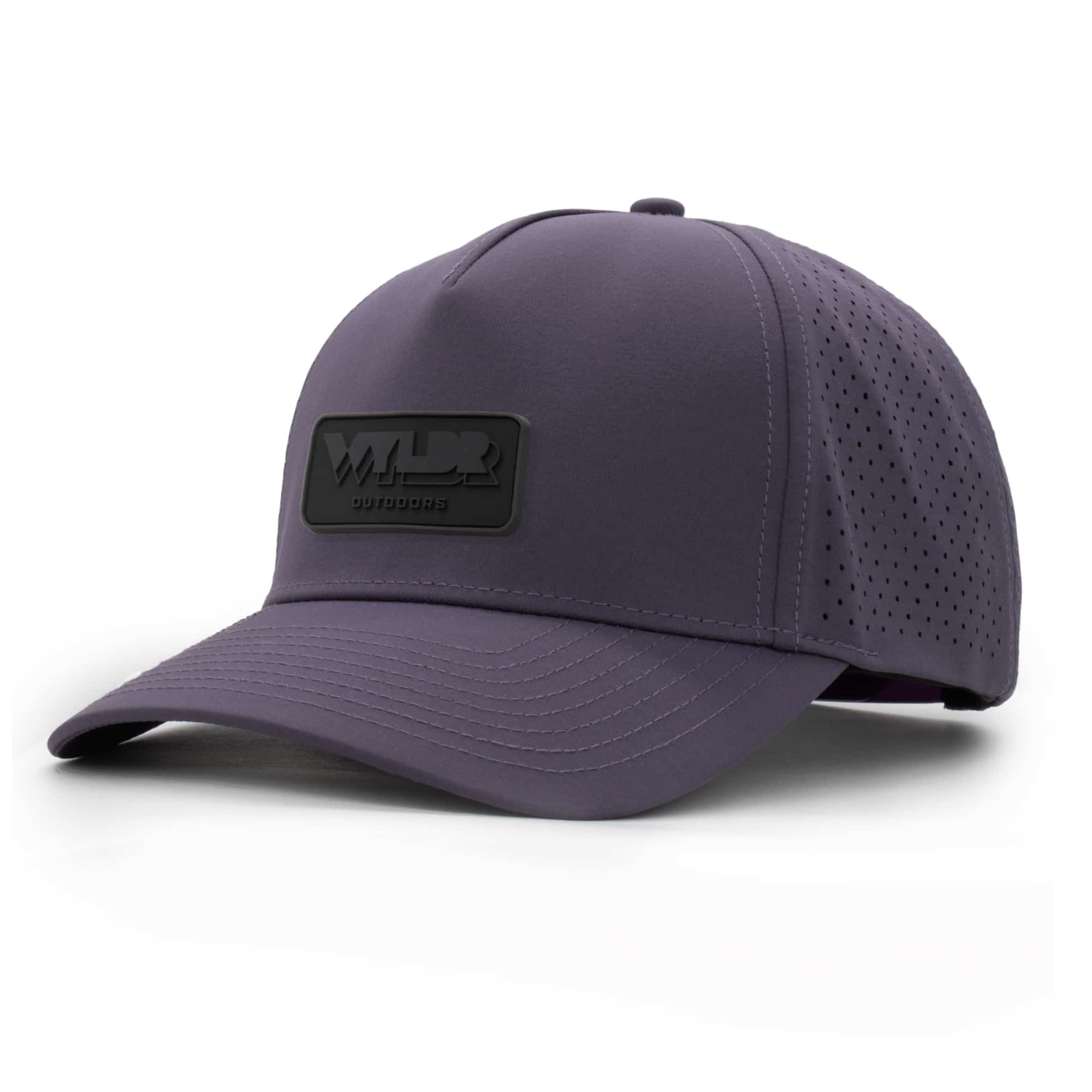 (RH) Ridge Hat | Amethyst - Rectangle three-quarter view of a 5 panel, water resistant, floatable hat with a PVC patch. the patch is the brand name Wyldr contained in a rounded rectangle. the hat is dark purple.