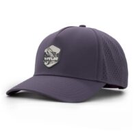 three-quarter view of a 5 panel, water resistant, floatable hat with a PVC patch. the patch is of a tarpon splashing out of the water and has the brand name Wyldr over it. the hat is dark purple