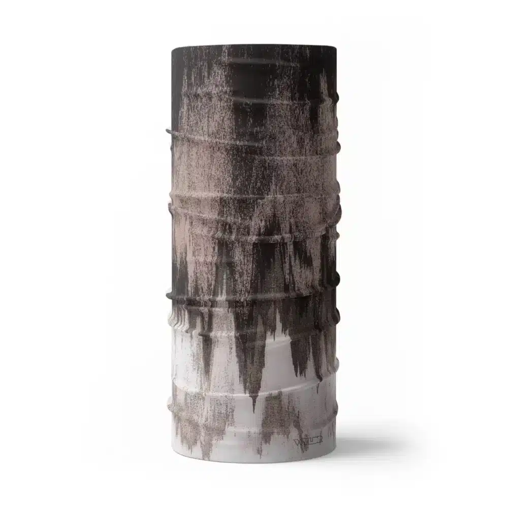 image of a tubular neck gaiter. the design mimics what might be seen on a depth finder and features four colors (coal, putty, cedar, dune)