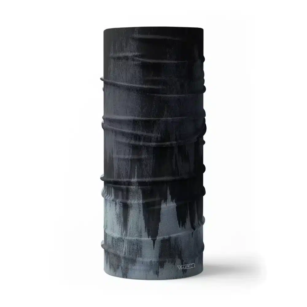 image of a tubular neck gaiter. the design mimics what might be seen on a depth finder and features three tones of bllue colors.