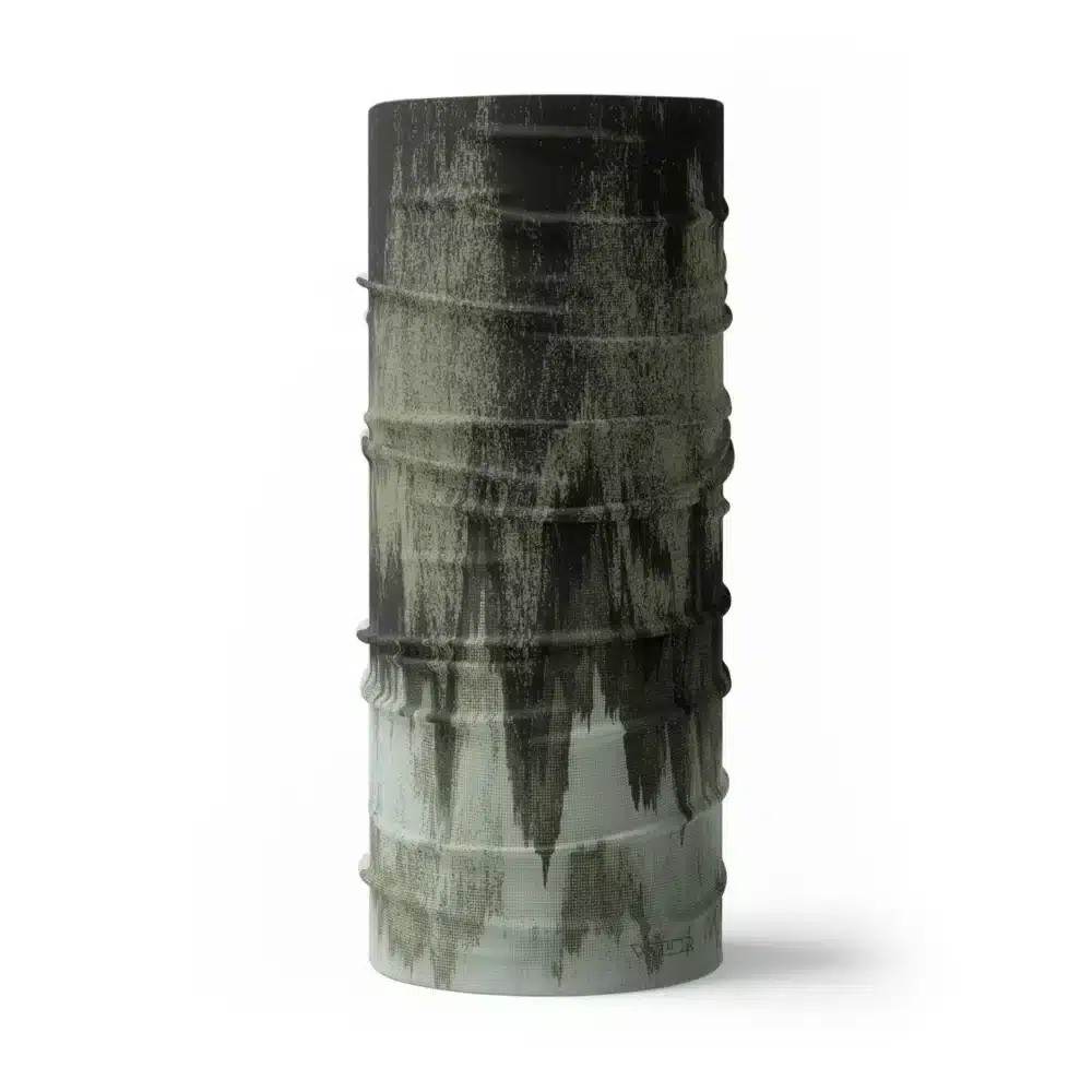 image of a tubular neck gaiter. the design mimics what might be seen on a depth finder and features three tones of green colors.