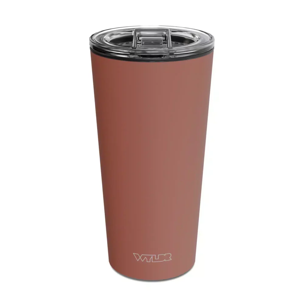 an image of a 15 oz tumbler with a glass insert and BPA-free lid made of Tritan plastic. The shell is in a orange color called Cedar and has the brand name Wyldr engraved at the bottom.