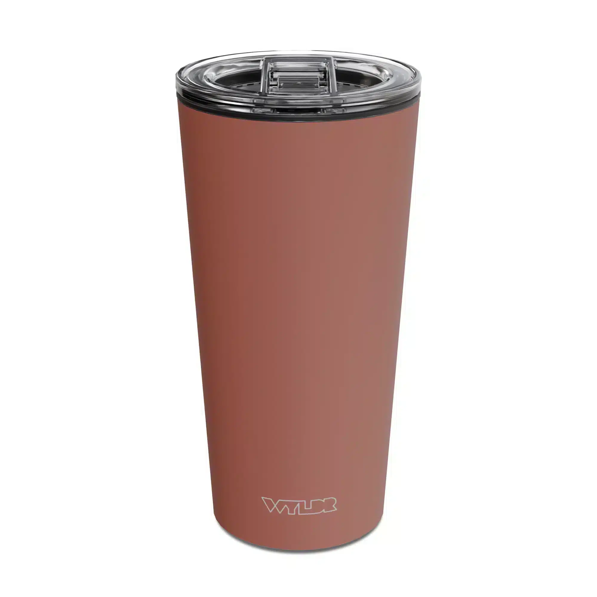 (DT) DUUN Tumbler | Cedar an image of a 15 oz tumbler with a glass insert and BPA-free lid made of Tritan plastic. The shell is in a orange color called Cedar and has the brand name Wyldr engraved at the bottom.