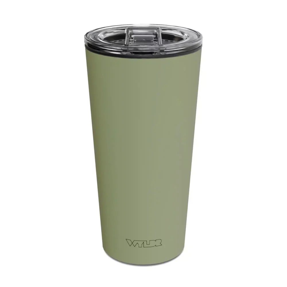 an image of a 15 oz tumbler with a glass insert and BPA-free lid made of Tritan plastic. The shell is in a green color called Celery and has the brand name Wyldr engraved at the bottom.