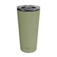 an image of a 15 oz tumbler with a glass insert and BPA-free lid made of Tritan plastic. The shell is in a green color called Celery and has the brand name Wyldr engraved at the bottom.