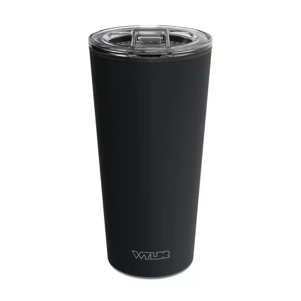 an image of a 15 oz tumbler with a glass insert and BPA-free lid made of Tritan plastic. The shell is in a black color called Coal and has the brand name Wyldr engraved at the bottom.
