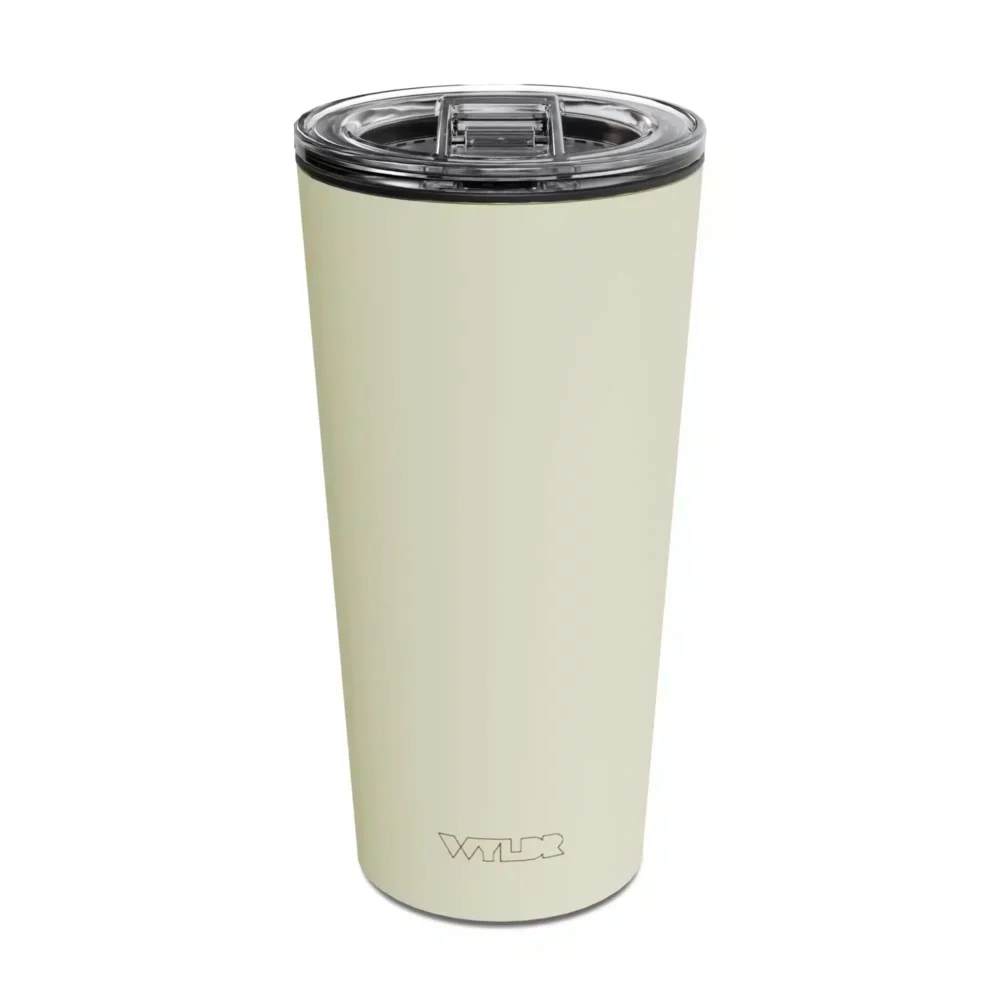 an image of a 15 oz tumbler with a glass insert and BPA-free lid made of Tritan plastic. The shell is in an eggshell white color called Stone and has the brand name Wyldr engraved at the bottom.