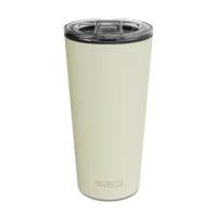an image of a 15 oz tumbler with a glass insert and BPA-free lid made of Tritan plastic. The shell is in an eggshell white color called Stone and has the brand name Wyldr engraved at the bottom.