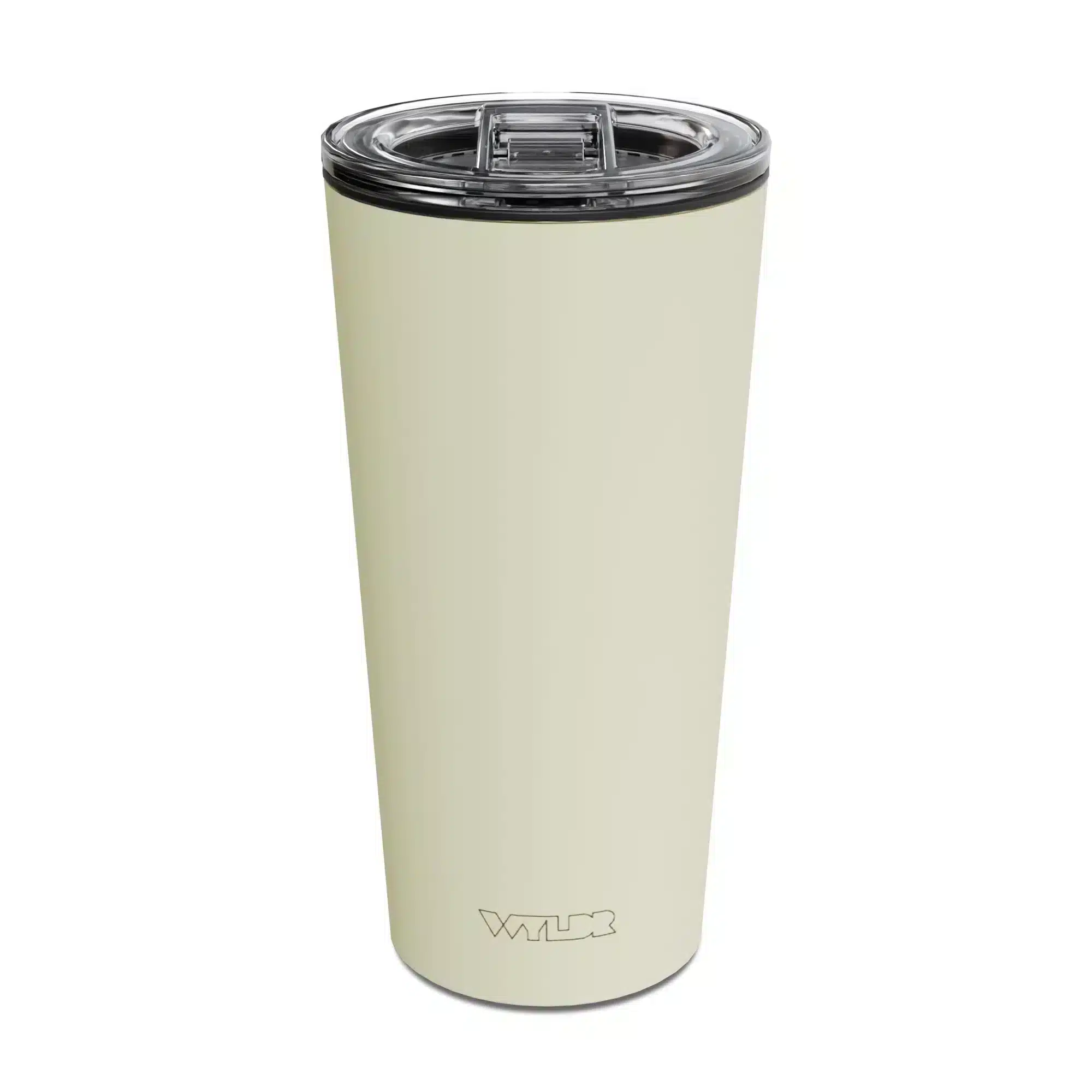 an image of a 15 oz tumbler with a glass insert and BPA-free lid made of Tritan plastic. The shell is in an eggshell white color called Stone and has the brand name Wyldr engraved at the bottom.