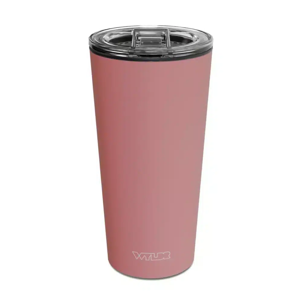 an image of a 15 oz tumbler with a glass insert and BPA-free lid made of Tritan plastic. The shell is in a pink color called Hibiscus and has the brand name Wyldr engraved at the bottom.