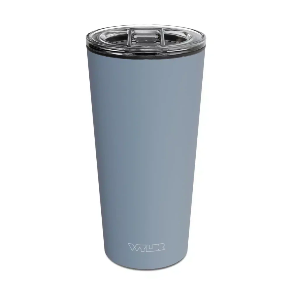 an image of a 15 oz tumbler with a glass insert and BPA-free lid made of Tritan plastic. The shell is in a blue color called Lake and has the brand name Wyldr engraved at the bottom.