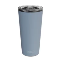 an image of a 15 oz tumbler with a glass insert and BPA-free lid made of Tritan plastic. The shell is in a blue color called Lake and has the brand name Wyldr engraved at the bottom.