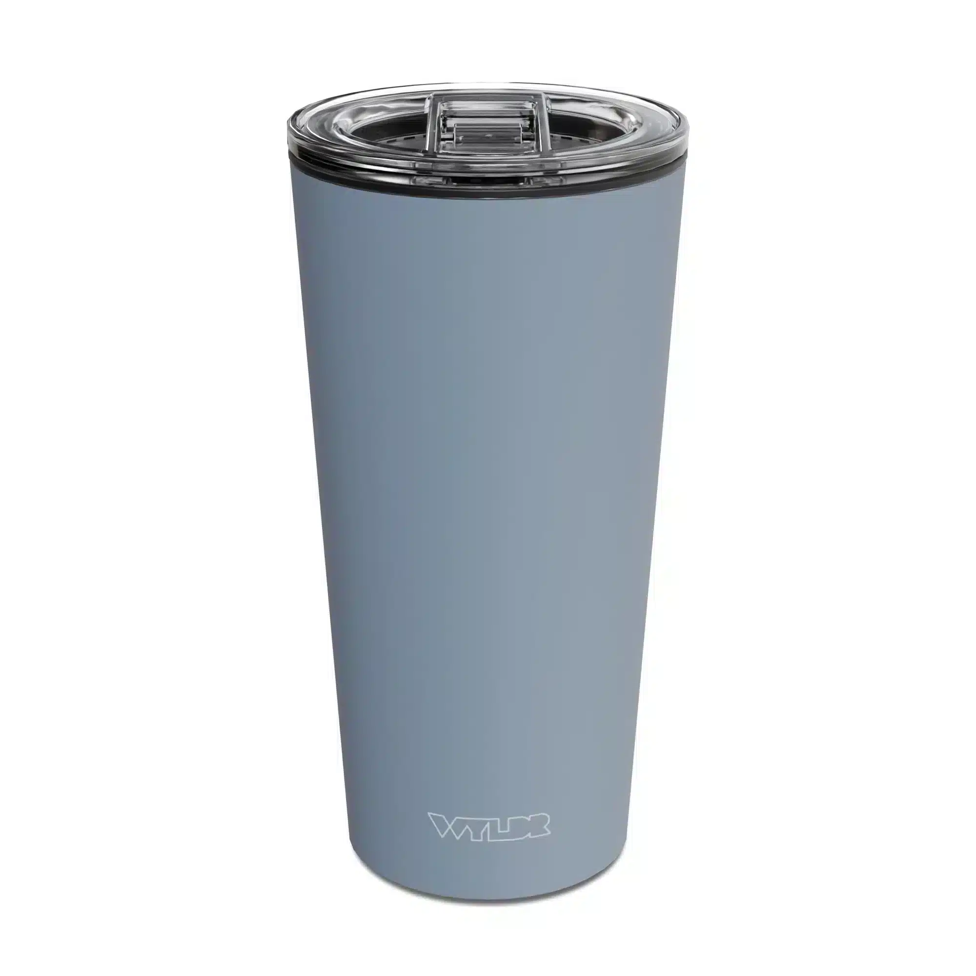 an image of a 15 oz tumbler with a glass insert and BPA-free lid made of Tritan plastic. The shell is in a blue color called Lake and has the brand name Wyldr engraved at the bottom.