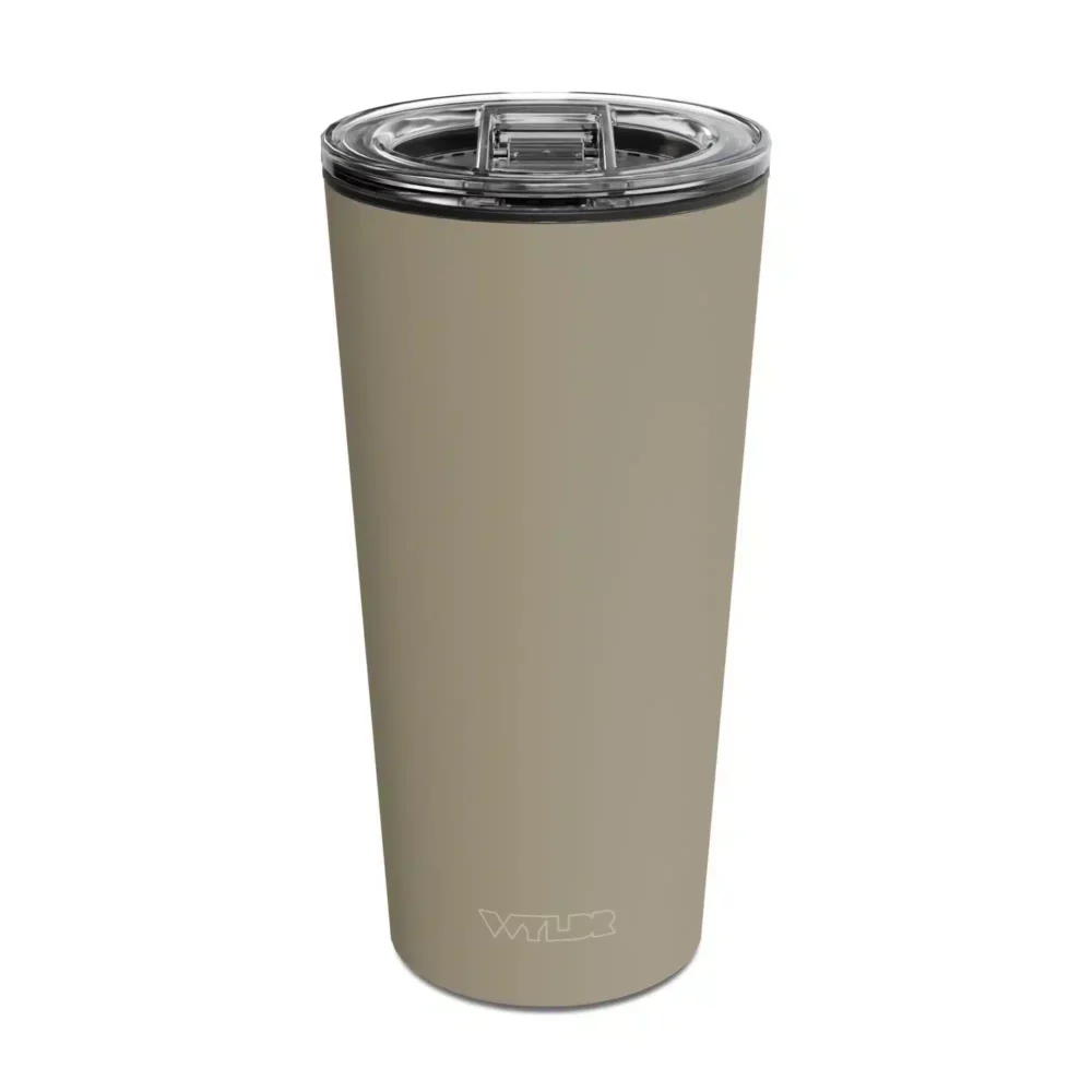 an image of a 15 oz tumbler with a glass insert and BPA-free lid made of Tritan plastic. The shell is in a tan color called Putty and has the brand name Wyldr engraved at the bottom.