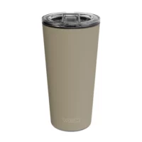 an image of a 15 oz tumbler with a glass insert and BPA-free lid made of Tritan plastic. The shell is in a tan color called Putty and has the brand name Wyldr engraved at the bottom.