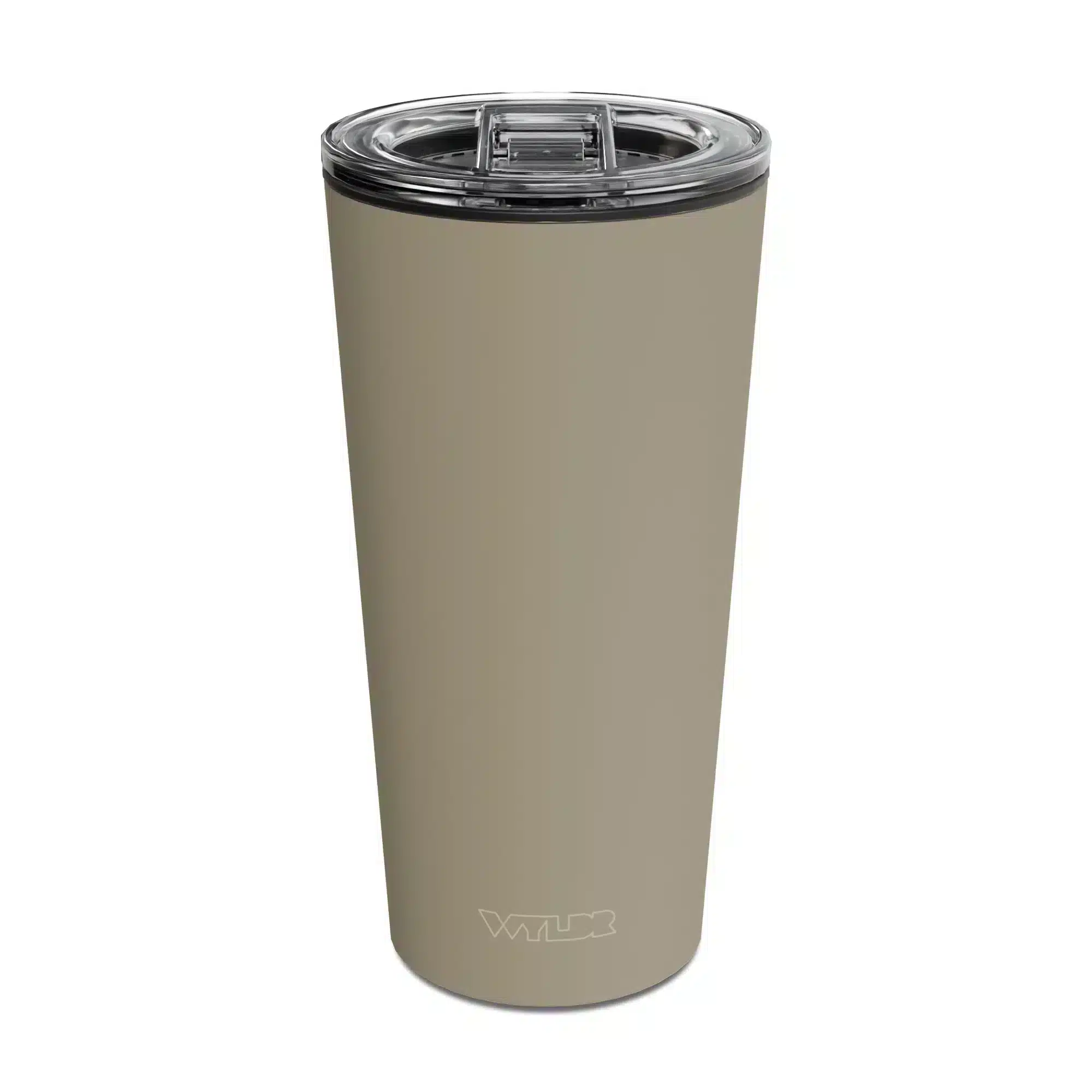 an image of a 15 oz tumbler with a glass insert and BPA-free lid made of Tritan plastic. The shell is in a tan color called Putty and has the brand name Wyldr engraved at the bottom.