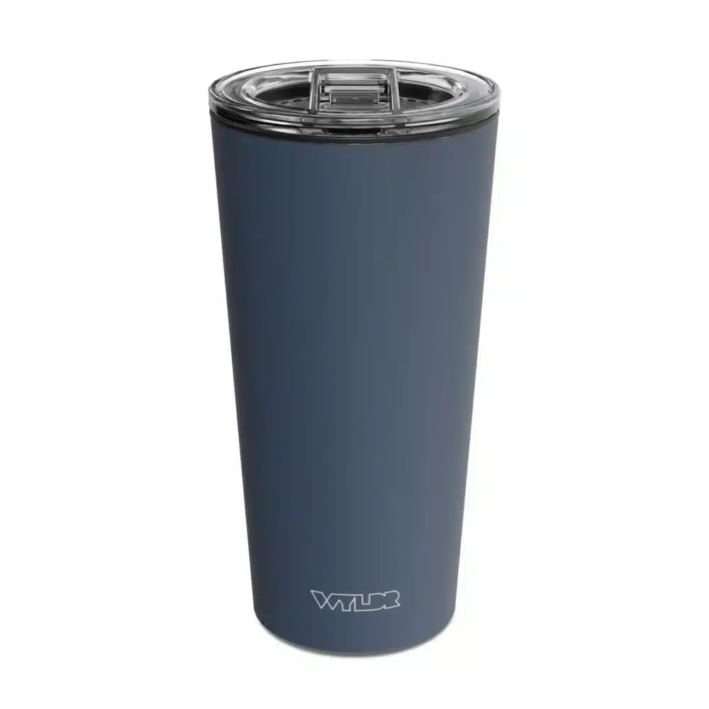 an image of a 15 oz tumbler with a glass insert and BPA-free lid made of Tritan plastic. The shell is in a blue color called Rain and has the brand name Wyldr engraved at the bottom.
