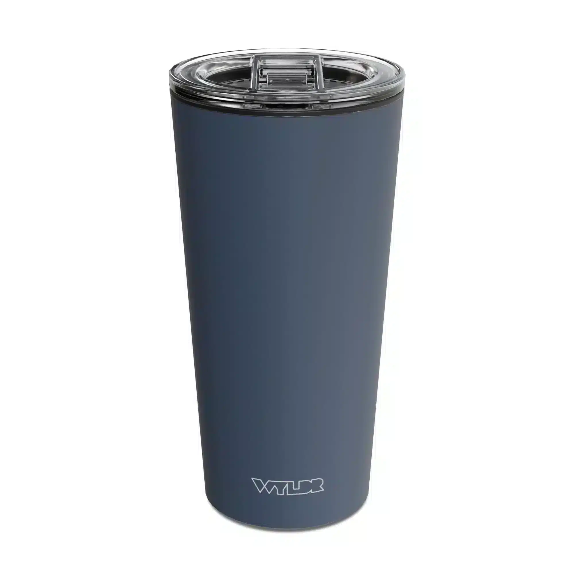 an image of a 15 oz tumbler with a glass insert and BPA-free lid made of Tritan plastic. The shell is in a blue color called Rain and has the brand name Wyldr engraved at the bottom.