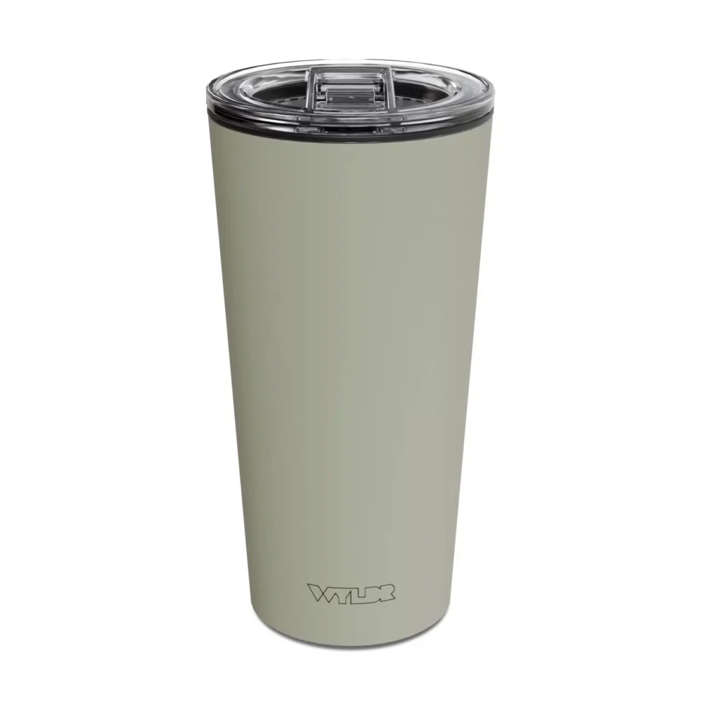 an image of a 15 oz tumbler with a glass insert and BPA-free lid made of Tritan plastic. The shell is in a green color called Sage and has the brand name Wyldr engraved at the bottom.
