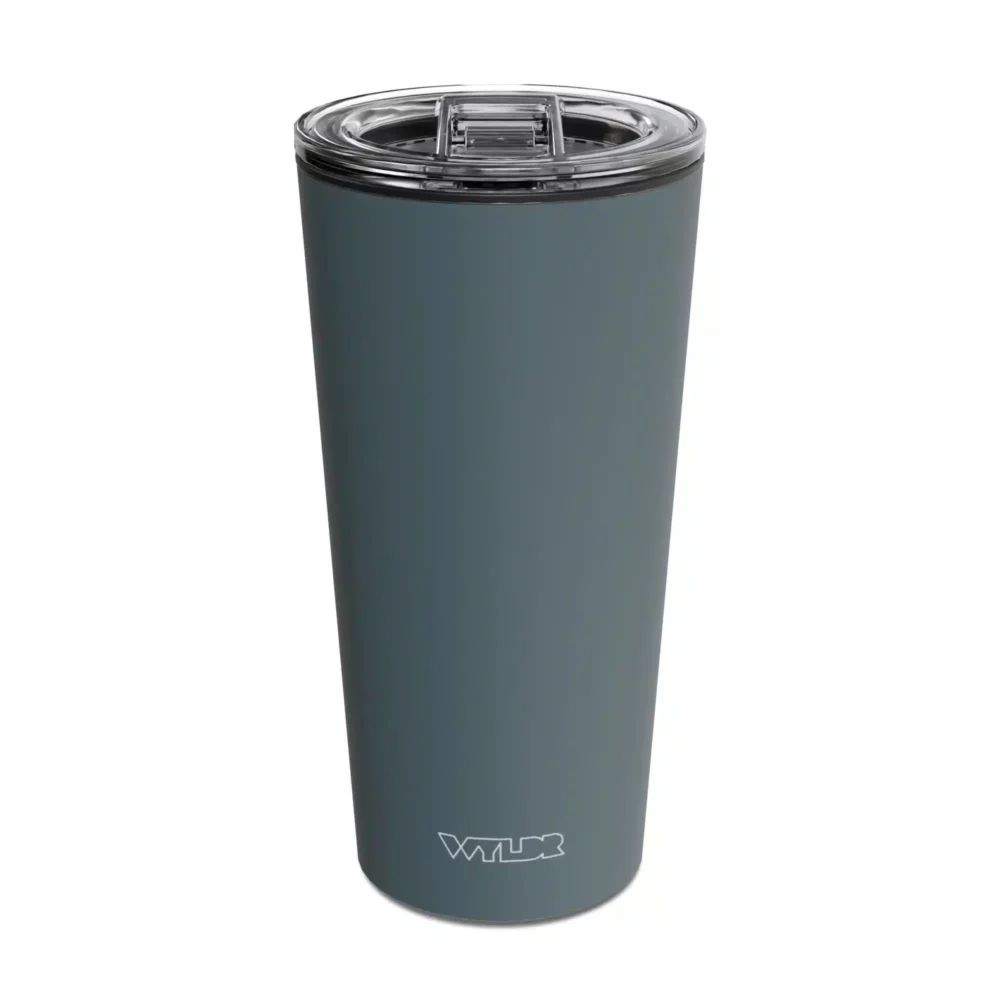 an image of a 15 oz tumbler with a glass insert and BPA-free lid made of Tritan plastic. The shell is in a green color called Slate and has the brand name Wyldr engraved at the bottom.