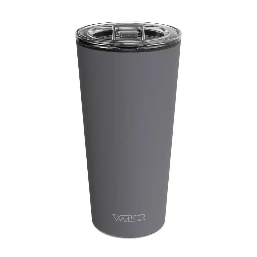 an image of a 15 oz tumbler with a glass insert and BPA-free lid made of Tritan plastic. The shell is in a gray color called Smoke and has the brand name Wyldr engraved at the bottom.