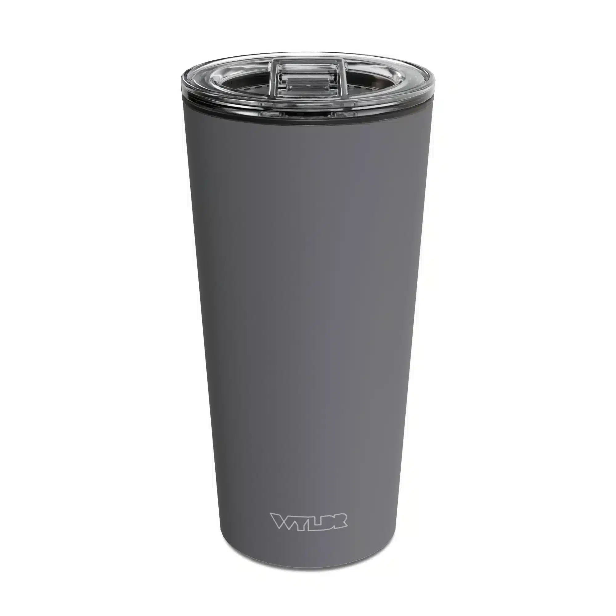an image of a 15 oz tumbler with a glass insert and BPA-free lid made of Tritan plastic. The shell is in a gray color called Smoke and has the brand name Wyldr engraved at the bottom.