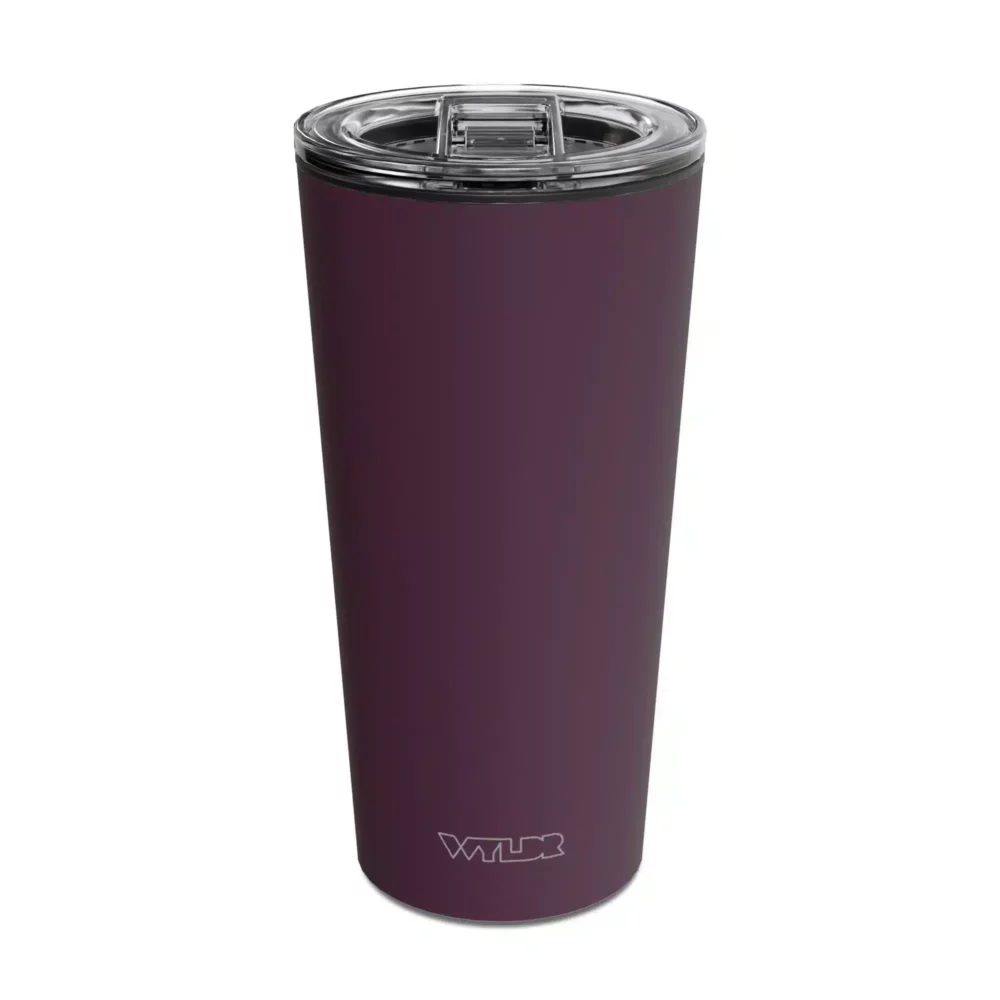 an image of a 15 oz tumbler with a glass insert and BPA-free lid made of Tritan plastic. The shell is in a purple color called Vine and has the brand name Wyldr engraved at the bottom.