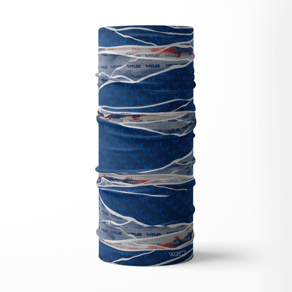 image of a promotional neck gaiter in blue, gray and orange promoting the Wyldr brand.