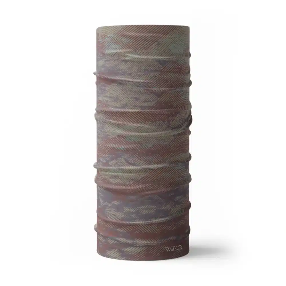 an image of a full neck gaiter in an abstract pattern. lines are used to create the illusion of mountain ridges. this is in the cedar/sage color variant
