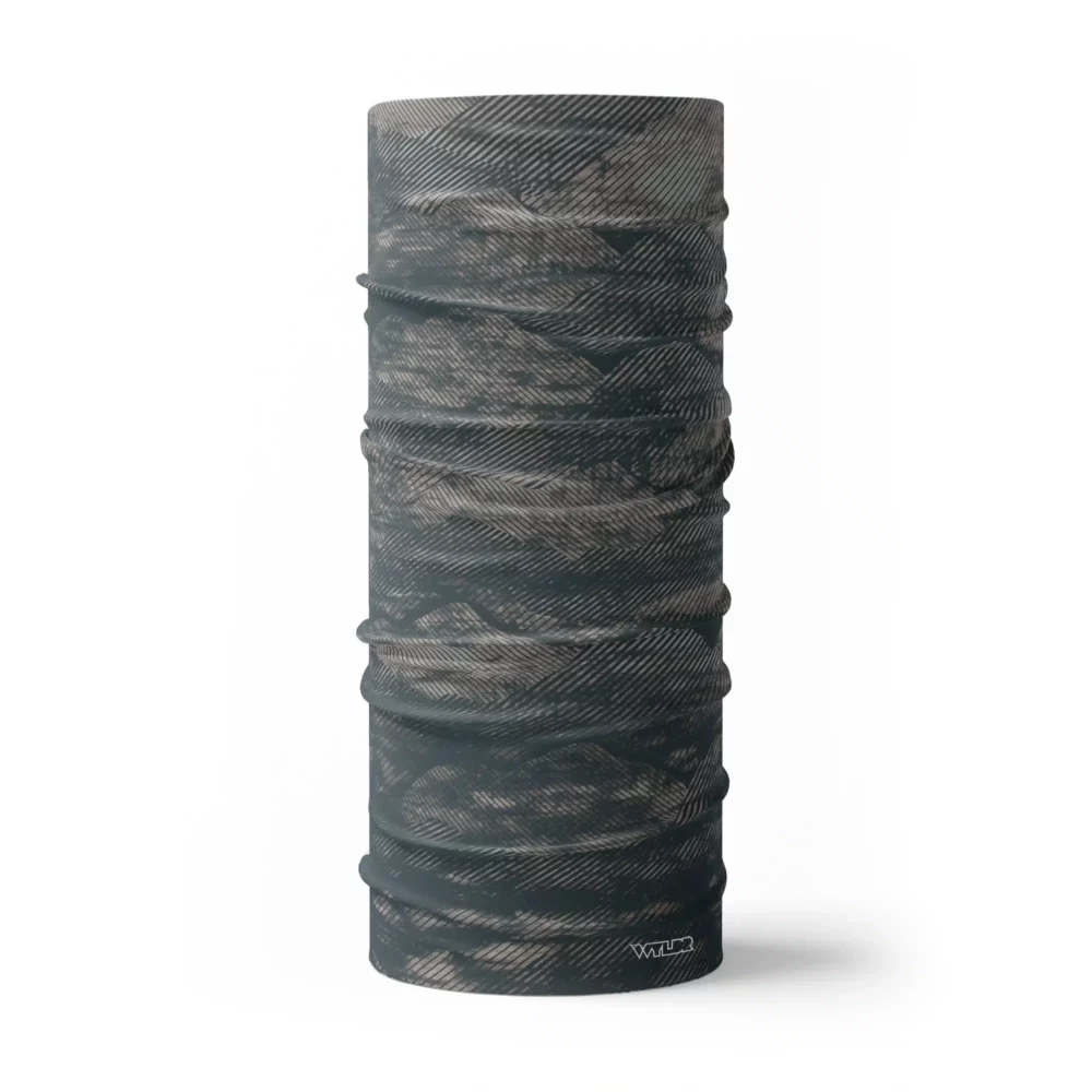 an image of a full neck gaiter in an abstract pattern. lines are used to create the illusion of mountain ridges. this is in the coal/hibiscus color variant