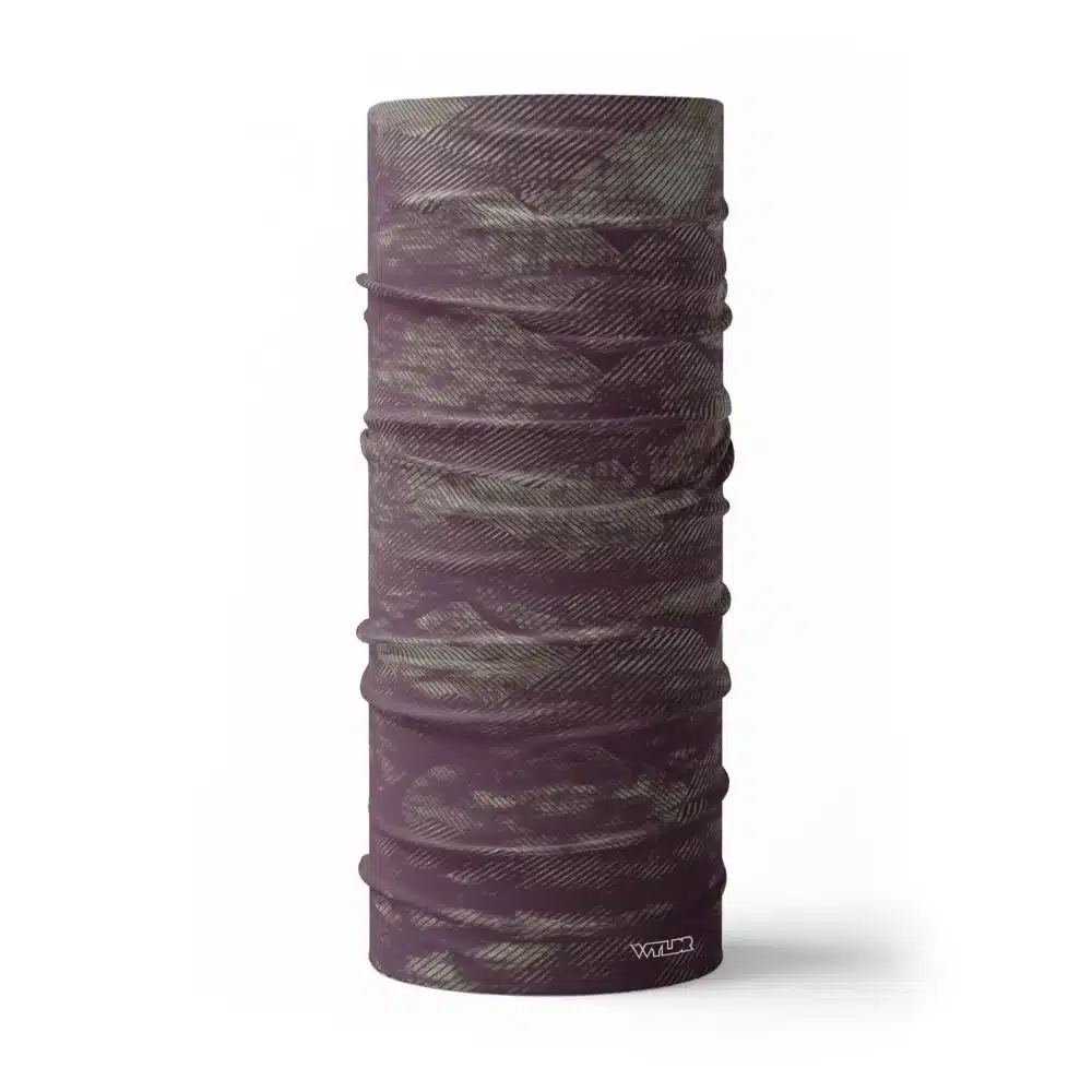 an image of a full neck gaiter in an abstract pattern. lines are used to create the illusion of mountain ridges. this is in the vine/celery color variant