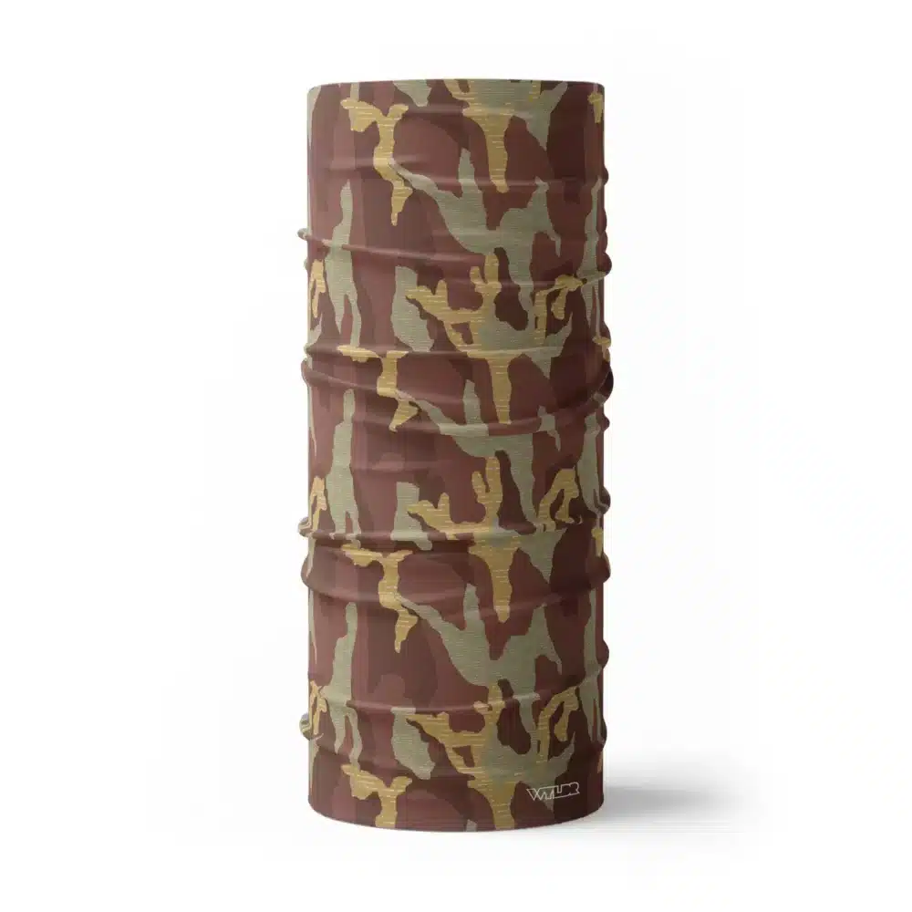 an image of full size neck gaiter in a camo pattern. inspired by current military camo, this takes that design and adds lined texture to some of the colors. featuring cedar and celery color variants