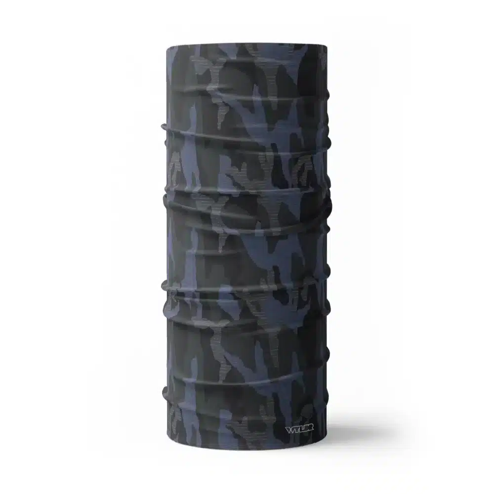 an image of full size neck gaiter in a camo pattern. inspired by current military camo, this takes that design and adds lined texture to some of the colors. featuring coal and smoke color variants