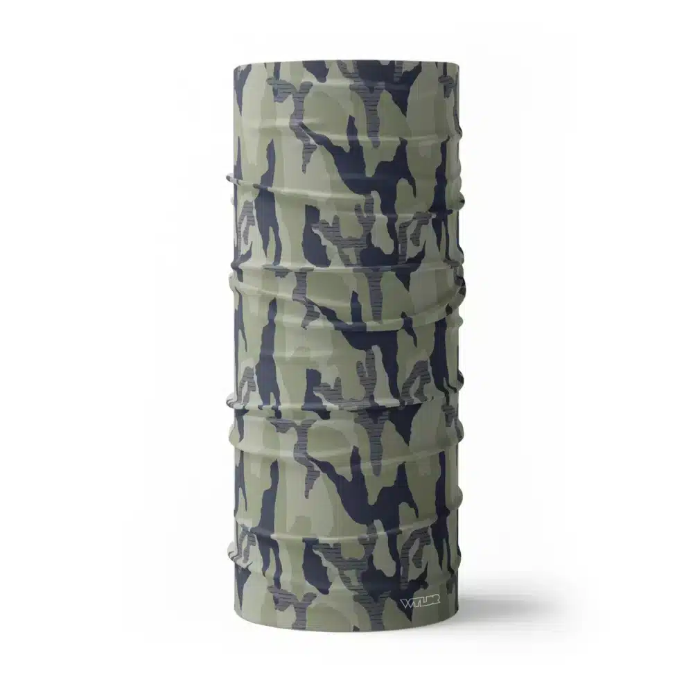 an image of full size neck gaiter in a camo pattern. inspired by current military camo, this takes that design and adds lined texture to some of the colors. featuring sage and rain color variants