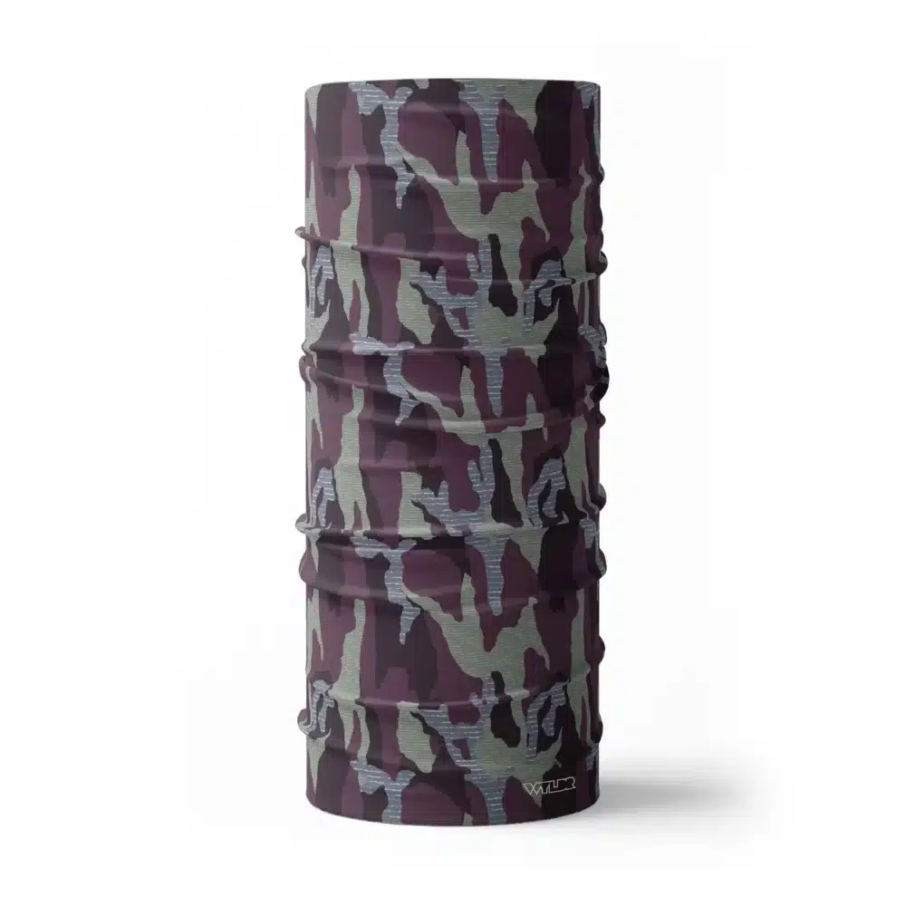 an image of full size neck gaiter in a camo pattern. inspired by current military camo, this takes that design and adds lined texture to some of the colors. featuring vine and lake color variants