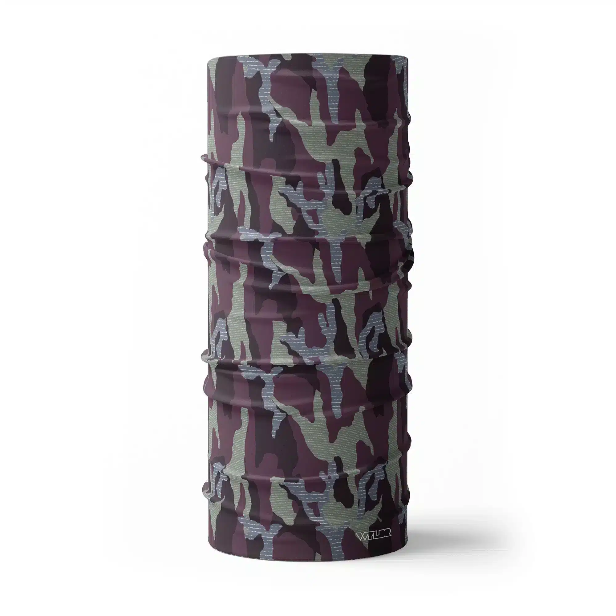an image of full size neck gaiter in a camo pattern. inspired by current military camo, this takes that design and adds lined texture to some of the colors. featuring vine and lake color variants