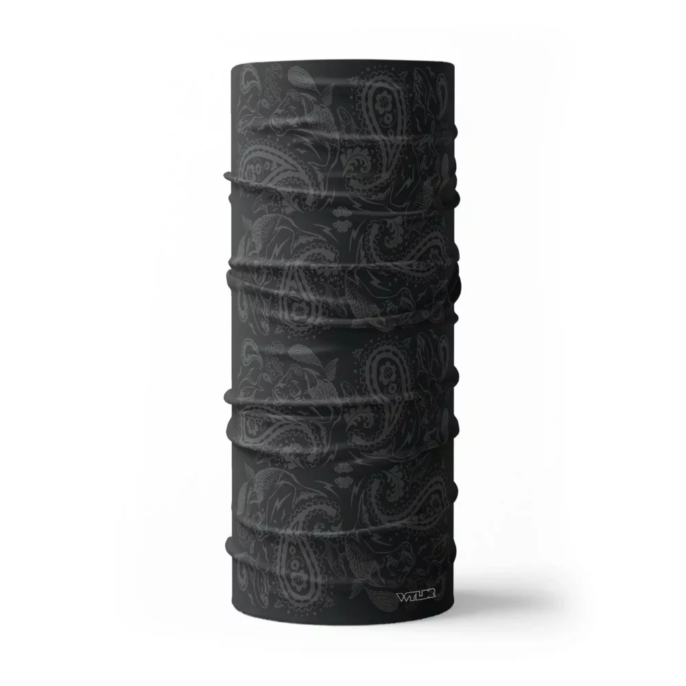 an image of a full neck gaiter where traditional paisley elements have been replaced with different fish species. this design is available in a coal/smoke color variant