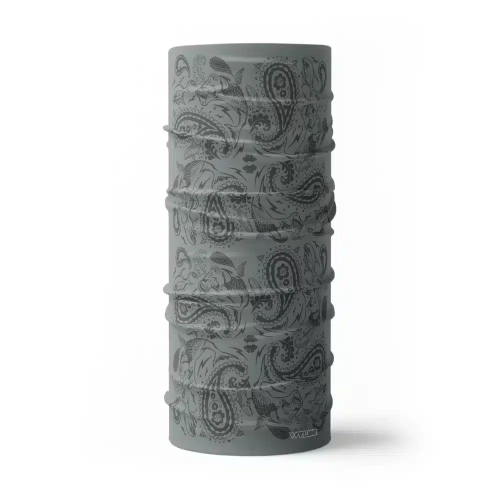 an image of a full neck gaiter where traditional paisley elements have been replaced with different fish species. this design is available in a smoke/coal color variant