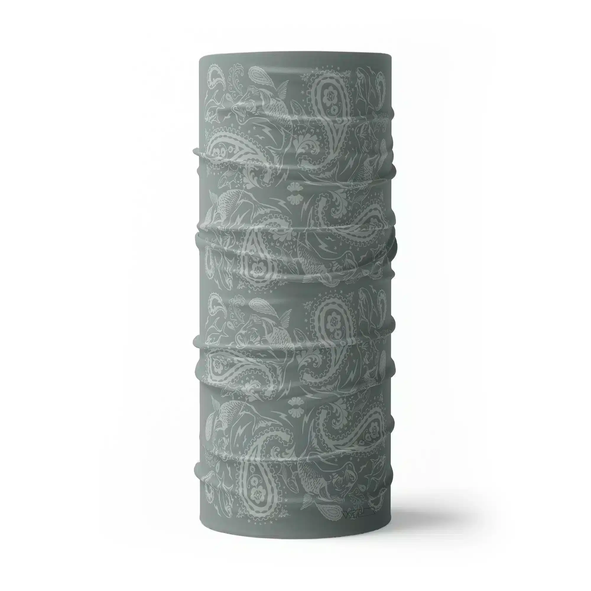 an image of a full neck gaiter where traditional paisley elements have been replaced with different fish species. this design is available in a smoke/dune color variant