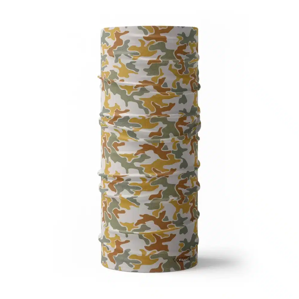 image of a tubular neck gaiter in an updated version of the US Woodland style camo. A topo design has been overlaid on some colors providing an intricate detail to the pattern. The colors used in this design are sunflower, celery, cedar and dune.