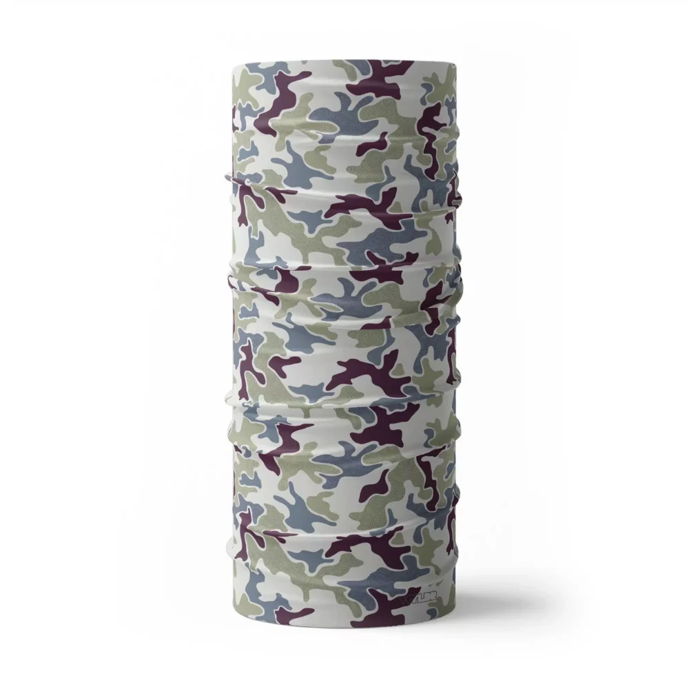 image of a tubular neck gaiter in an updated version of the US Woodland style camo. A topo design has been overlaid on some colors providing an intricate detail to the pattern. The colors used in this design are vine, lake, celery and dune.