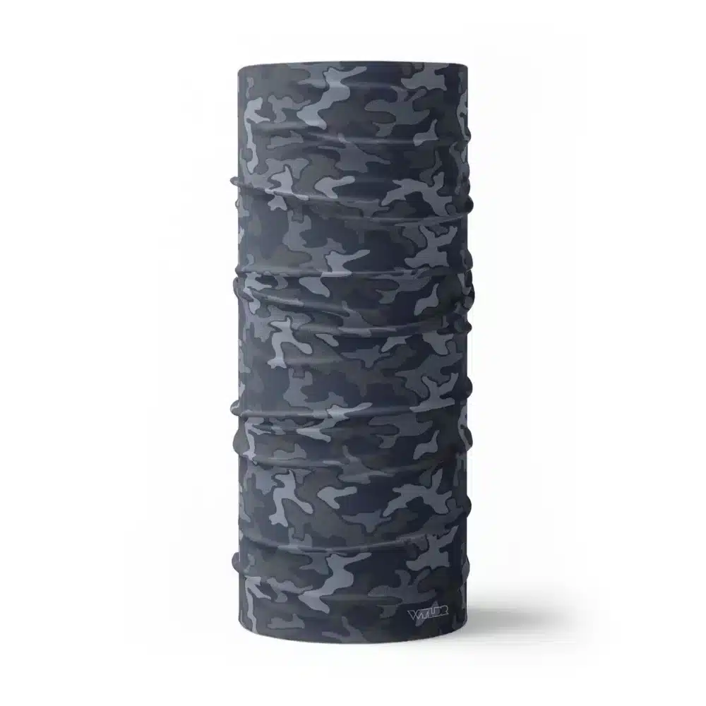 image of a tubular neck gaiter in an updated version of the US Woodland style camo. A topo design has been overlaid on some colors providing an intricate detail to the pattern. The colors used in this design are coal, smoke and rain.