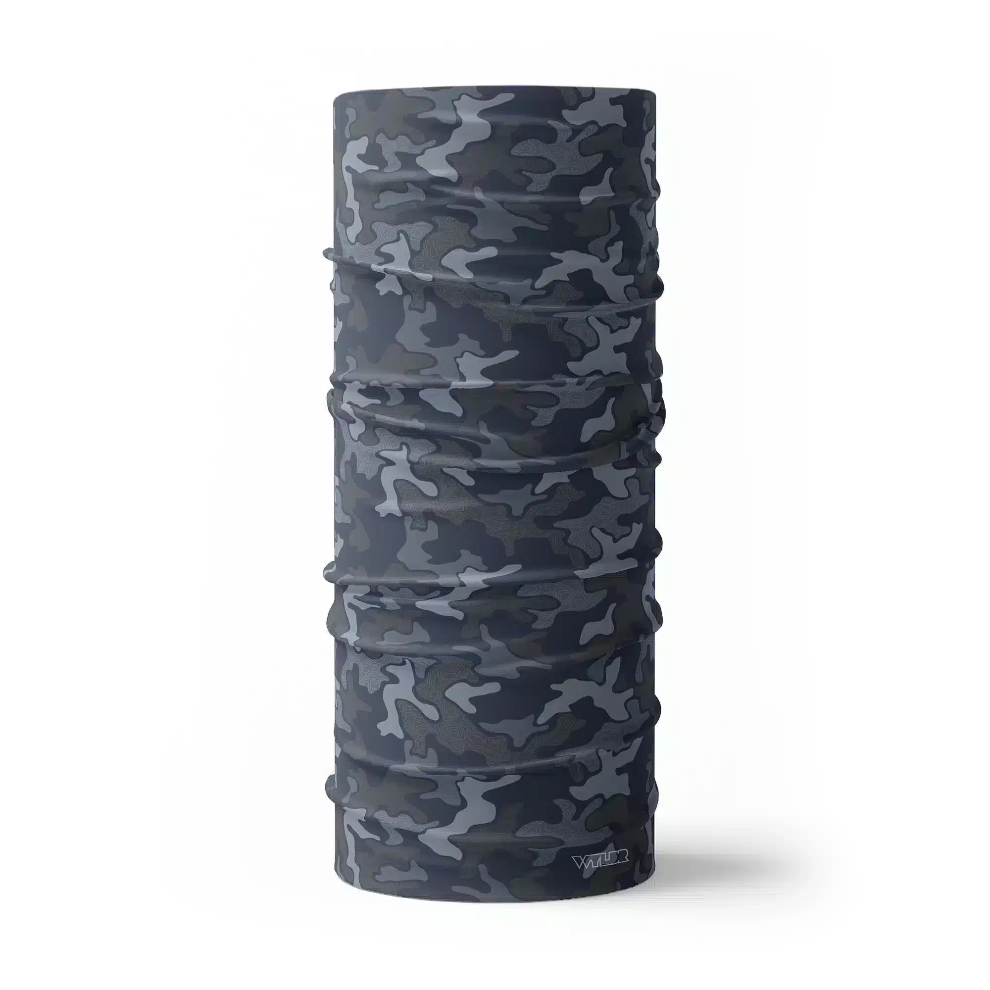 image of a tubular neck gaiter in an updated version of the US Woodland style camo. A topo design has been overlaid on some colors providing an intricate detail to the pattern. The colors used in this design are coal, smoke and rain.