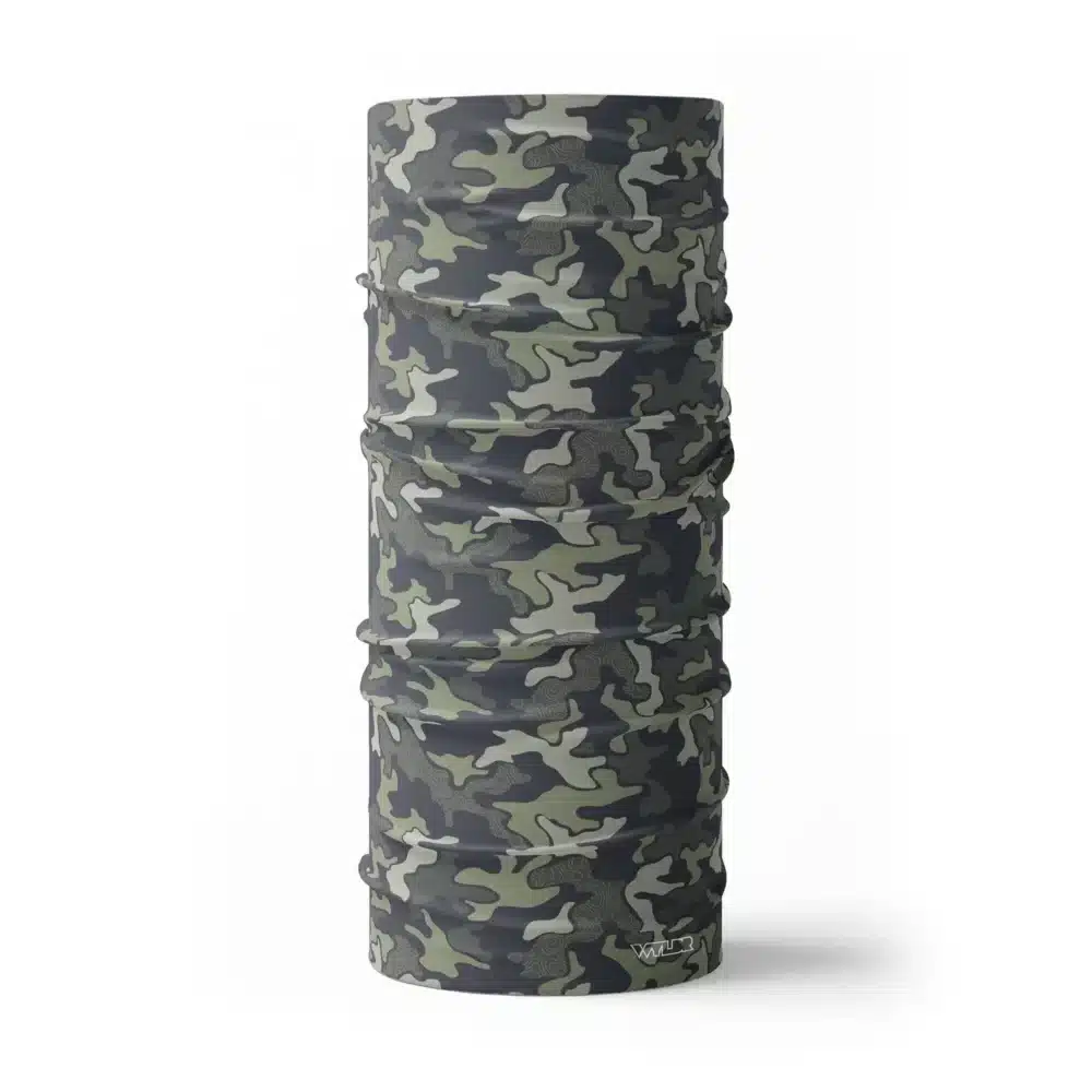 image of a tubular neck gaiter in an updated version of the US Woodland style camo. A topo design has been overlaid on some colors providing an intricate detail to the pattern. The colors used in this design are sage, smoke, coal and dune.