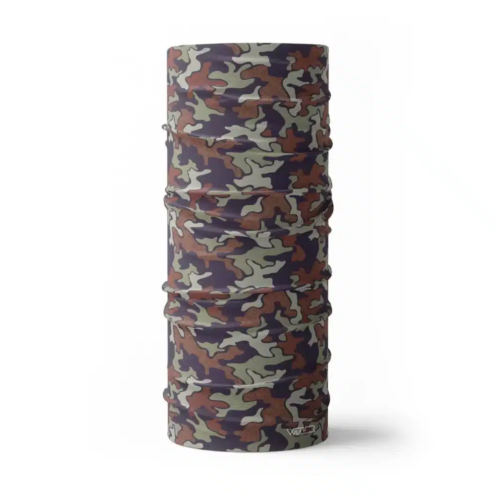 image of a tubular neck gaiter in an updated version of the US Woodland style camo. A topo design has been overlaid on some colors providing an intricate detail to the pattern. The colors used in this design are sage, vine, cedar and stone.