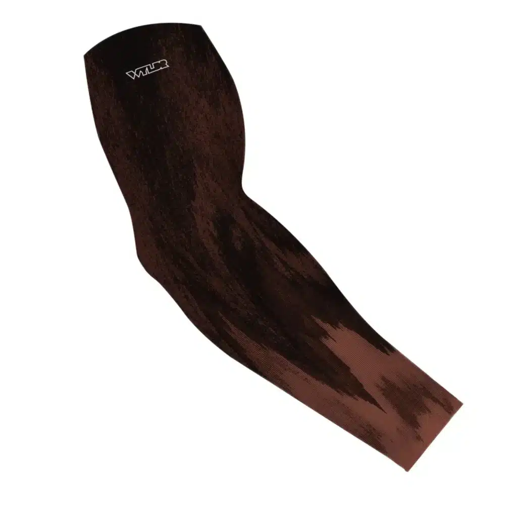 an image of an arm sleeve in an abstract design. it brings to mind the image created by a sonic/sonar fish finder. this design is in shades of light to dark red