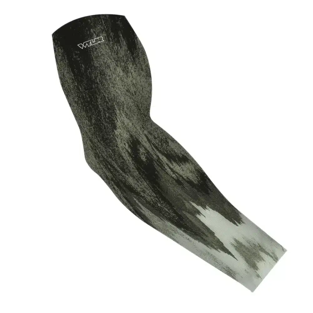 an image of an arm sleeve in an abstract design. it brings to mind the image created by a sonic/sonar fish finder. this design is in shades of light to dark green